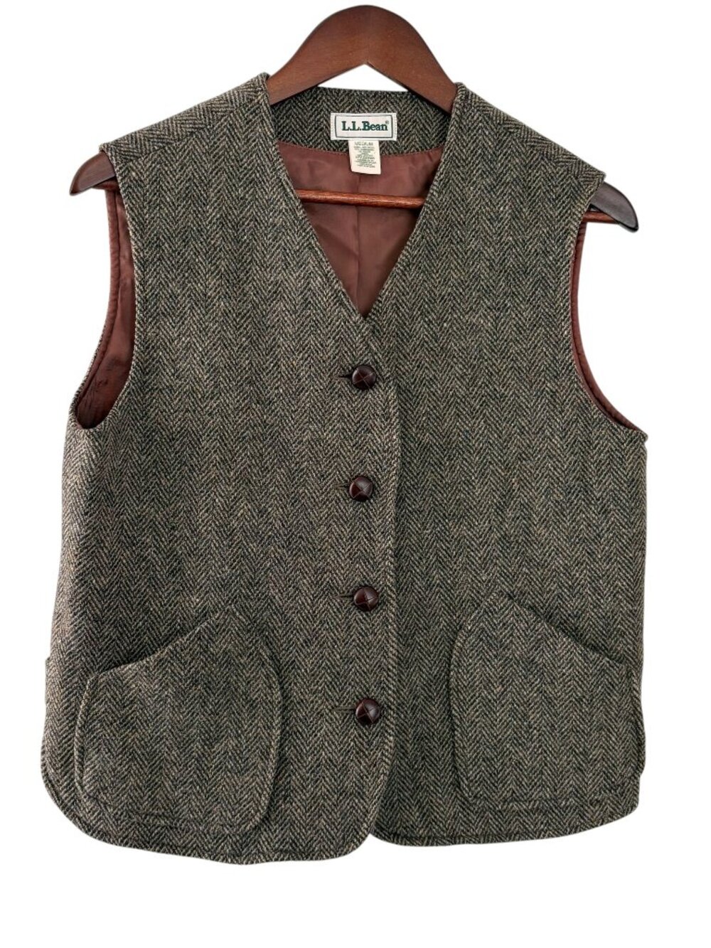 Vintage 90s LL Bean Waist Coat Vest M Brown Herringbone Tweed Wool Equestrian